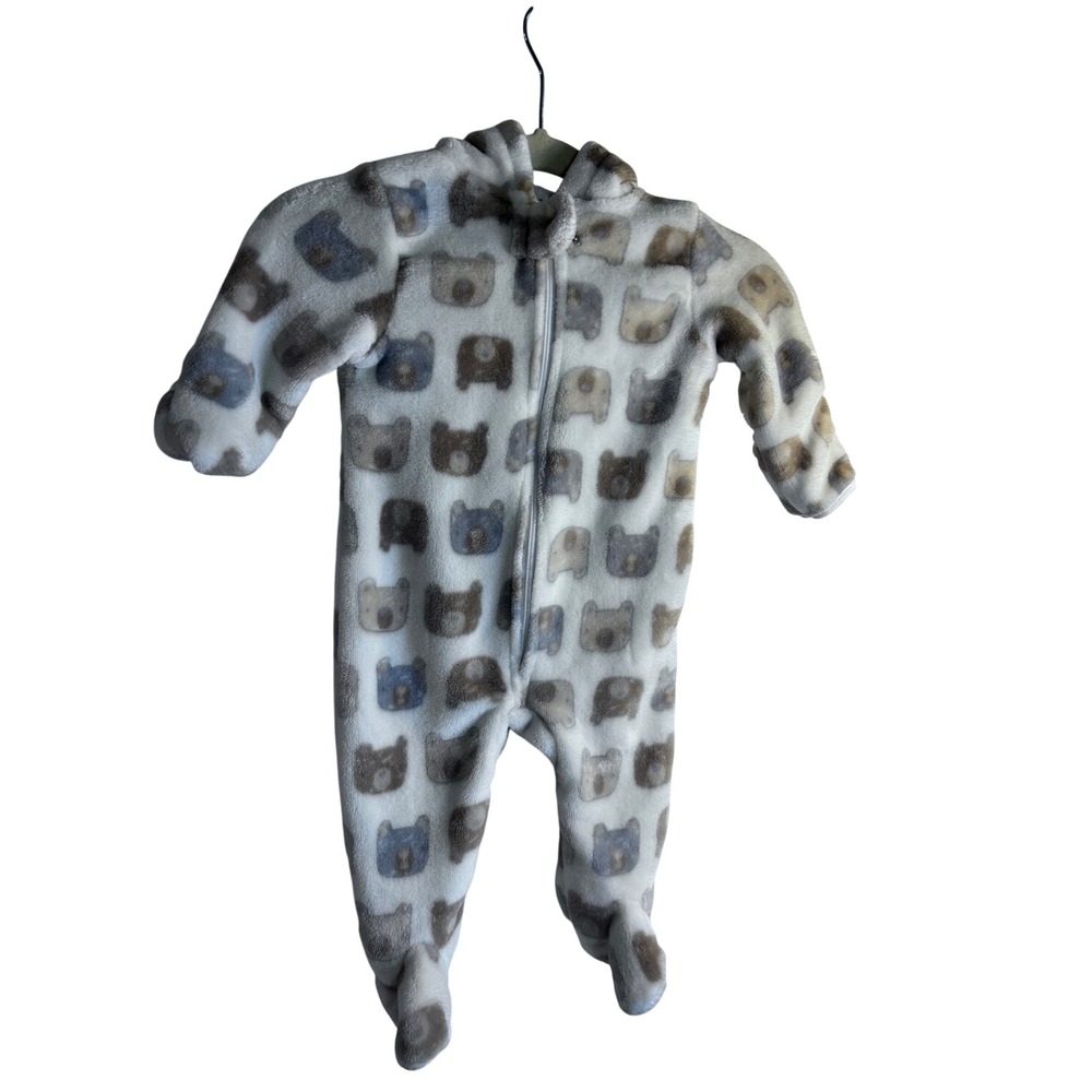 Baby Gear Footed Sleeper 0-3m White Bear Print Hooded Fleece Infant Unisex
